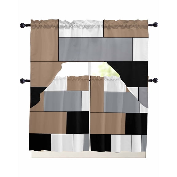 Brown Grey Kitchen Curtains Sets 24 Inch Length with Valance, Modern Brown Geometric Swag Valances and Tiers Curtain Set Drapes Swag Curtains for Living Room, Bathroom, Bedroom, Cafe