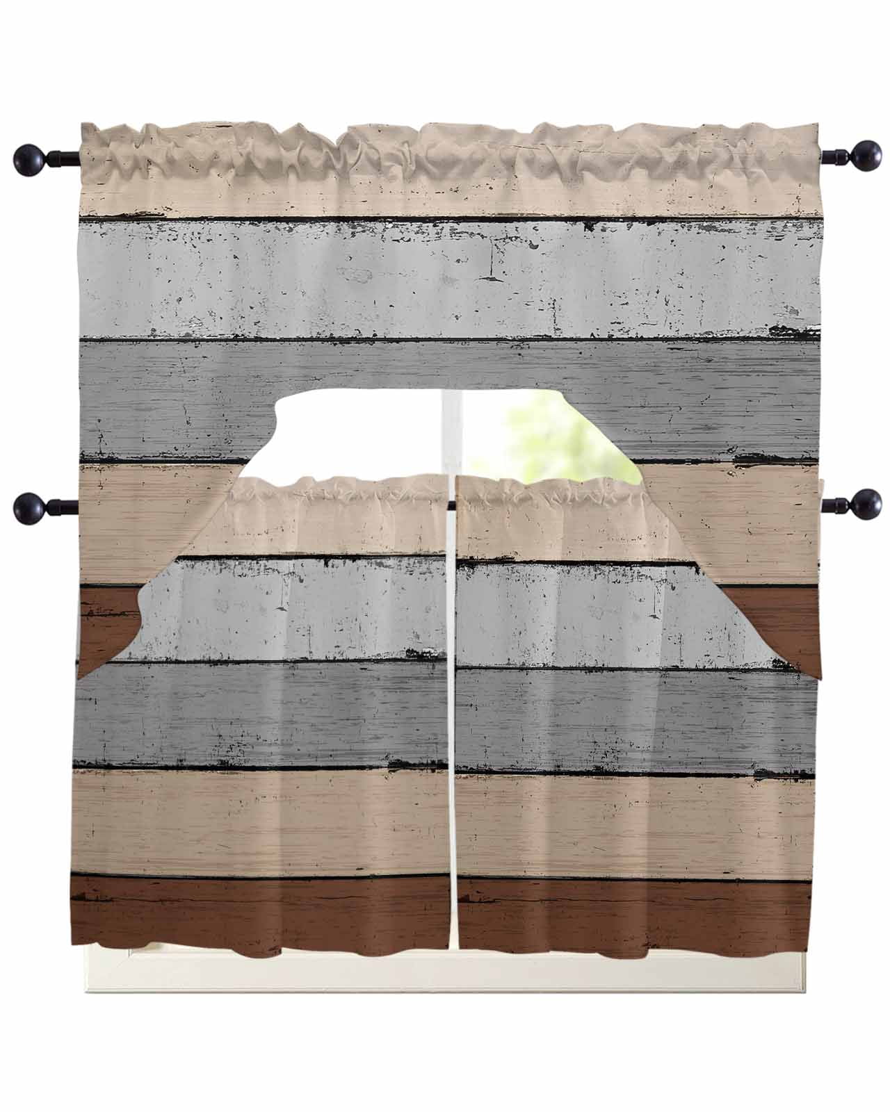 Brown Grey Kitchen Curtains Swag Valance and Tier Curtains Set 36 Inch ...