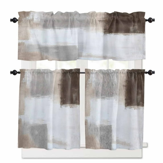 Brown Grey Kitchen Curtains and Valances Set, Graffiti Art Abstract Color Block Oil Paint Modern Rod Pocket Window Valance Window Curtain Panels for Living Room Bedroom Laundry, 27.5x24in, 3 Pieces