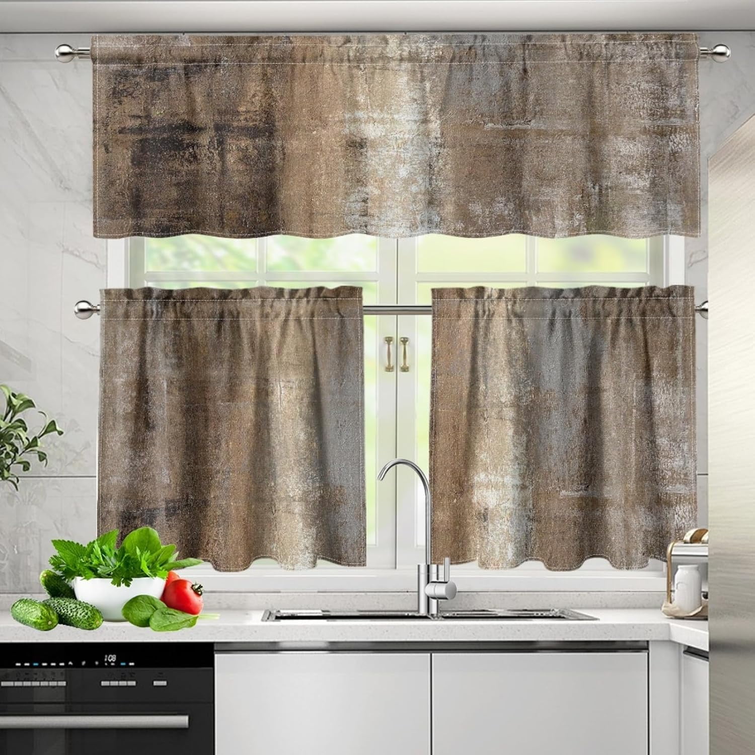 Brown Grey Kitchen Curtains Valances and Tiers Set of 3 Taupe Abstract ...