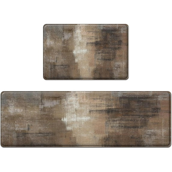Brown Grey Kitchen pvc Rug Set of 2 Cushioned Abstract Rug for Floor, Art Standing Mat Waterproof Non-Slip Mat PVC Comfort Foam Kitchen Decor