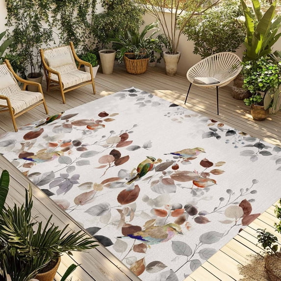 Brown Grey Leaves Outdoor Rug for Patio/Deck/Porch, Non-Slip Large Area Rug 5 x 7 Ft, Summer Botanical Pastoral Birds Rustic Indoor Outdoor Rugs Washable Area Rugs, Camping Rug Carpet Runner