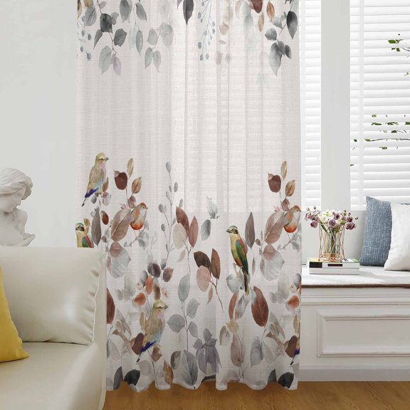 Brown Grey Leaves Semi Sheer Curtains Drapes for Living Room,Bedroom,French Doors Window 96 Inches Long,Summer Botanical Pastoral Birds Rustic Rod Pocket Chiffon Curtain Drapery Voile Draperies Panel