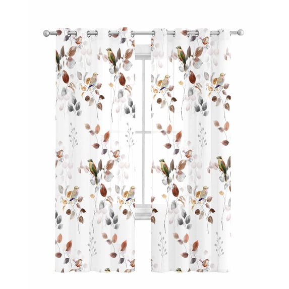 Brown Grey Leaves Sheer Curtains 84 Inch Length 2 Panels Set for Living Room/Bedroom, Summer Botanical Pastoral Birds Watercolor Kitchen Curtains Grommet Curtains Window Treatments 52"x84"x2