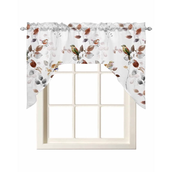 Brown Grey Leaves Swag Valances for Windows, Small Curtains Drapes, Summer Botanical Pastoral Birds Watercolor Kitchen Window Curtains Over Sink Window Treatment Valance for Bedroom/Bathroom 56"x36"