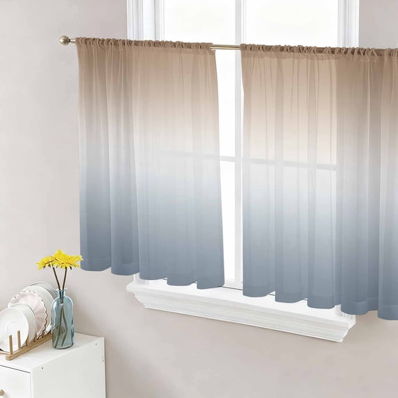Brown Grey Ombre Semi Sheer Curtains 45 Inch Length 2 Panels Set, Modern Abstract Art Aesthetics Sheer Kitchen Curtain Privacy Voile Window Curtain for Living Room Bedroom Rod Pocket Drapes