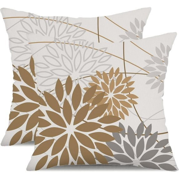 Brown Grey Outdoor Pillow Cover 16X16 Inch Set of 2 Outdoor Waterproof Summer Floral Brown Decorative Pillow case Decor for Couch Patio Funiture Garden Print Polyester Cushion Cover 01E16