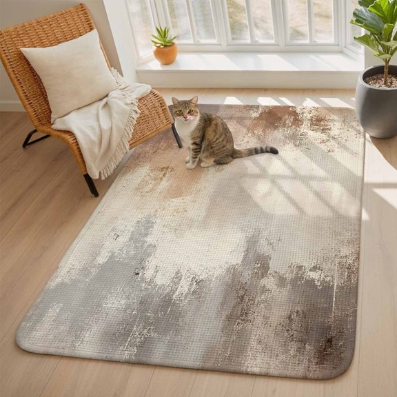 Brown Grey Retro Oil Paint Area Rugs for Living Room 5x6, Watercolor Gradient Washable Area Rug with Non Slip Backing, Stain Resist Linen Carpet for Bedroom, Dining Room, Entryway, Entrance