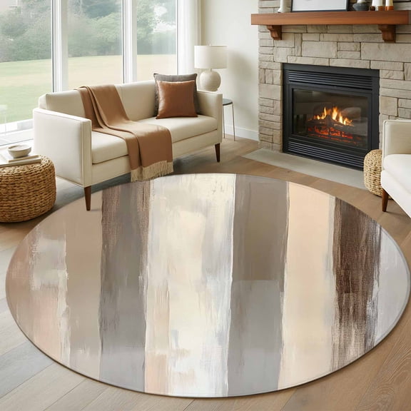 Brown Grey Round Living Room Rugs 7 ft, Abstract Neutral Textured Modern Minimalist Washable Area Rug with Non-Slip Sturdy Edge Binding Round Carpet for Kitchen Office Bedroom