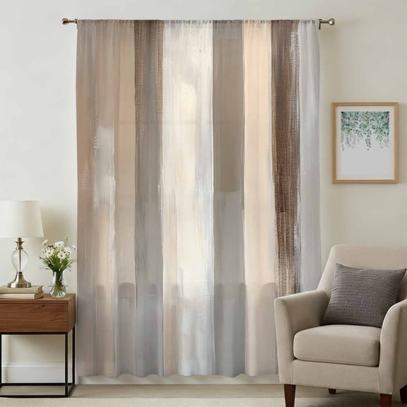 Brown Grey Sheer Curtains 72 Inches Long, Abstract Neutral Textured Modern Minimalist Light Filering Curtains, Breathable Simi Curtain Privacy Drapes for Living Room Bedroom Window Treatment