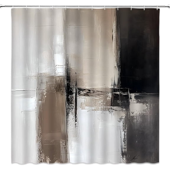 Brown and Grey Shower Curtain Tan Black Abstract Art Oil Painting Modern Brush Strokes Contemporary Aesthetic Vintage Fabric Bathroom Curtain Set with Hooks