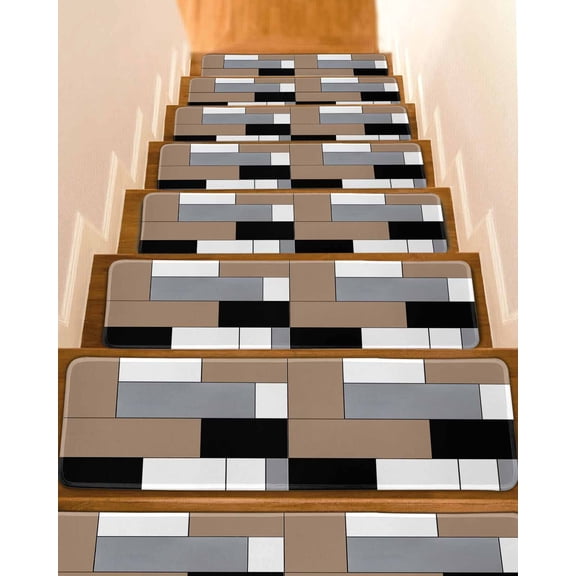 Brown Grey Stair Treads for Wooden Steps Indoor Runner Rug Carpet, Modern Brown Geometric 4 Pieces Peel and Stick Staircase Step Treads Covers Washable Throw Door Mats, 30"x8"