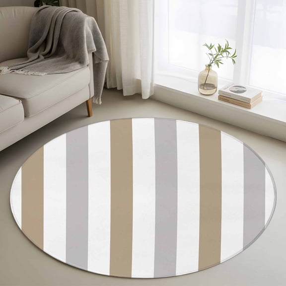 Brown Grey Stripe 3ft Round Rug, Modern Farmhouse Vertical Striped Non-Skid Rubber Backing Large Area Rugs - Living Room Bedroom Home Office, Indoor Floor Mat Carpets Washable Rug