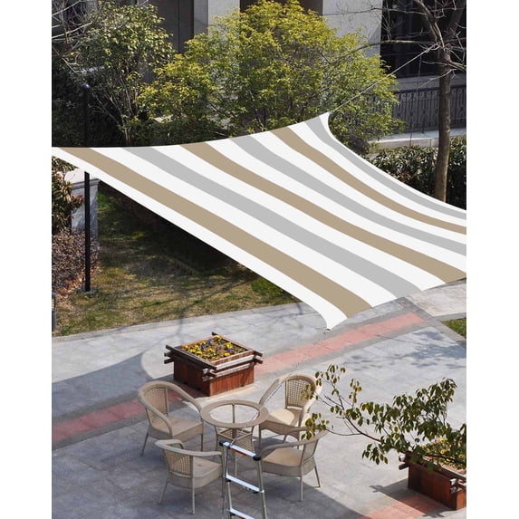Brown Grey Striped Sun Shade Sail 6.5'x10' Rectangle Outdoor Shade Canopy, Geometric Vertical Stripes White Porch Shades Outdoor Sun Blocking Screen, Sunshade Cloth Covers for Patio/Deck/Garden