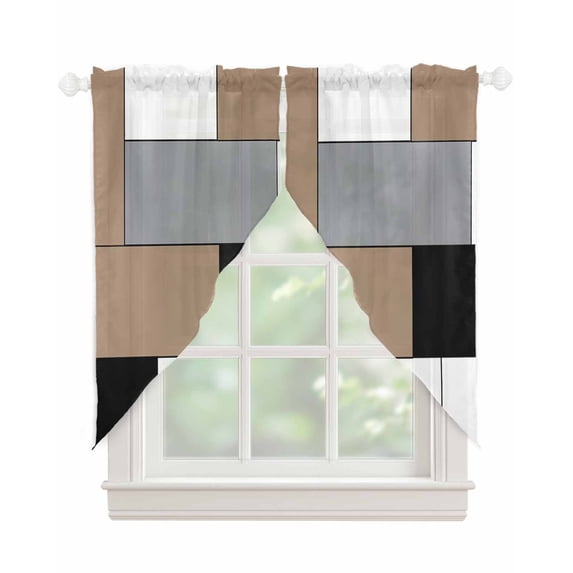 Brown Grey Swag Valances for Windows, Modern Brown Geometric Rod Pocket Sheer Valances for Large Windows, Swag Toppers Light Filtering for Kitchen Living Room 2 Panels 36''x63''