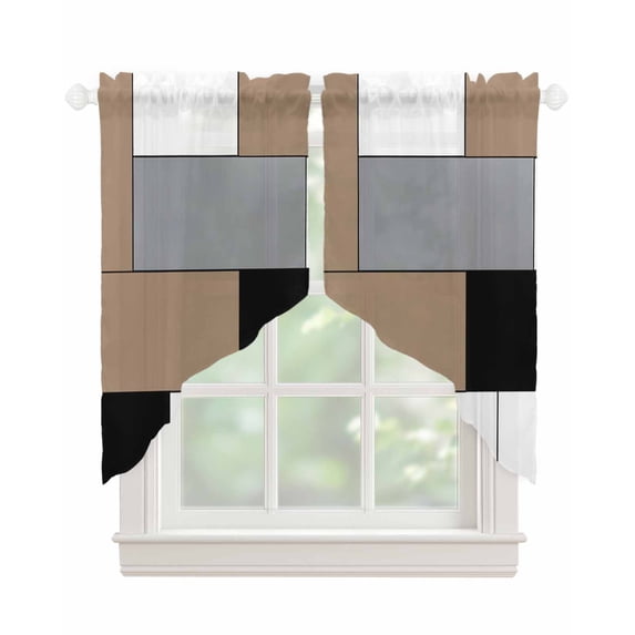 Brown Grey Swag Valances for Windows, Modern Brown Geometric Rod Pocket Sheer Valances for Small Windows, Swag Toppers Light Filtering for Kitchen Living Room 2 Panels 28''x36''