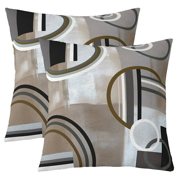 Brown Grey Throw Pillow Covers,Geometric Swirls Pillow Covers for Sofa Bed,Ombre Gradient Bedding,Modern Geometry Circular Stripes Abstract Art Decorative Square Pillow Cases,16x16 Inch Set of 2
