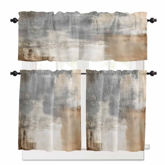 Brown Grey White Kitchen Curtains Valances and Tiers Set of 3, 36 Inch Length Tier Curtains and Valance Rod Pocket Valance Curtains Set for Kitchen Bathroom Small Windows