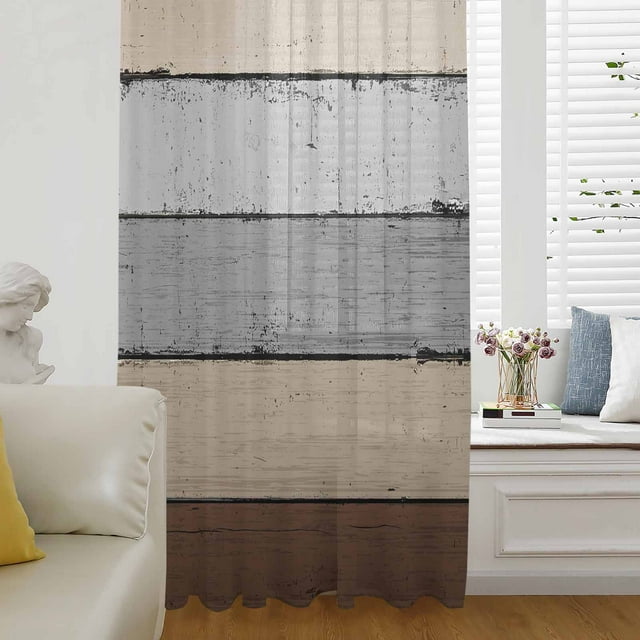 Brown Grey Window Curtain 63 Inches Long,Vintage Stripe Farmhouse Wood