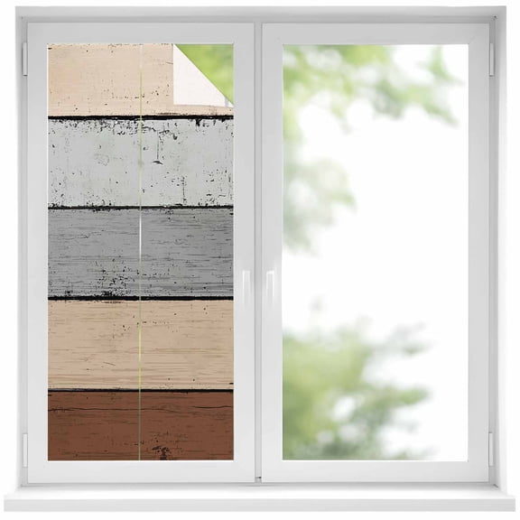Brown Grey Window Privacy Film, Vintage Stripe Farmhouse Wood Grain Ombre Static Cling UV Sun Blocking Heat Control Window Tint Day and Night, Non-Adhesive One Way Windows Privacy Cover 17.7''x39.3''