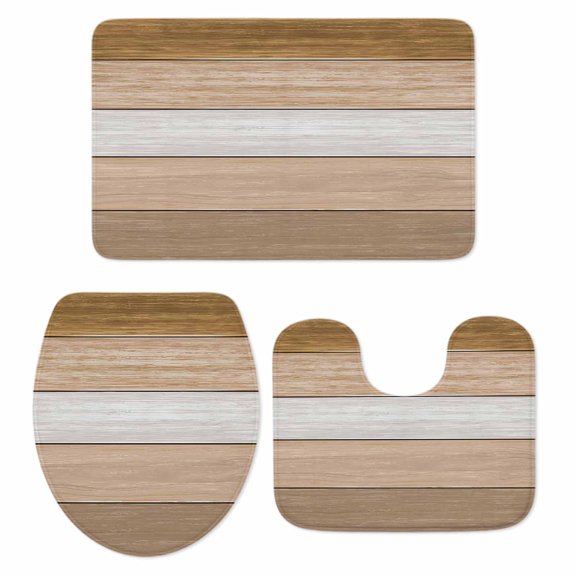 Brown Grey Wood Grain Bathroom Rugs Set Vintage Khaki Brown Gradient Wooden Plank Non Slip Absorbent Soft Bath Mats 3 Piece Set with Bathroom Rug, U-Shaped Floor Mat, Toilet Seat Cover Small Size