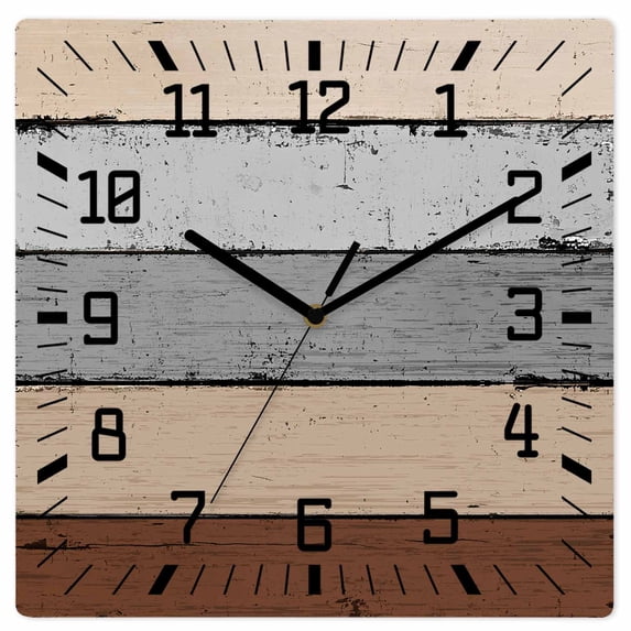 Brown Grey Wooden Wall Clock Silent Non Ticking, Vintage Stripe Farmhouse Wood Grain Ombre Square Wall Clocks Battery Operated, Decor Clock for Home Office, Living Room, Kitchen, 12 Inch