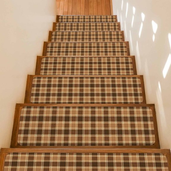 Brown Grid Non-Slip Stair Treads for Wooden Steps, 15 Pack 8x30 Inches Carpet Stair Mats with Adhesive Backing, Noise-Reducing Step Covers for Indoor Stairs, Easy to Install & Residue-Free