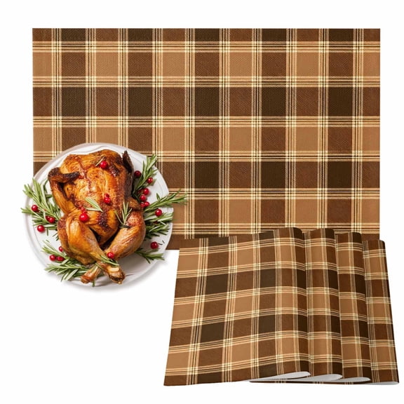 Brown Grid Placemats Set of 4, Fall Minimalist Tan Beige Plaid Stripes Vintage Country Heat Insulated Linen Place Mats, Washable Stain-Proof Table Mats for Dining Tables Holiday Decor 13x19 Inches