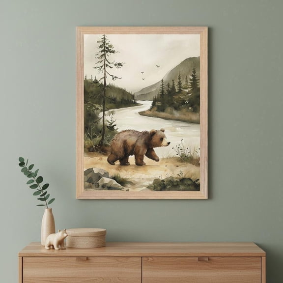 Brown Grizzly Bear Beside Mountain River Wall Art Print, Woodland Landscape