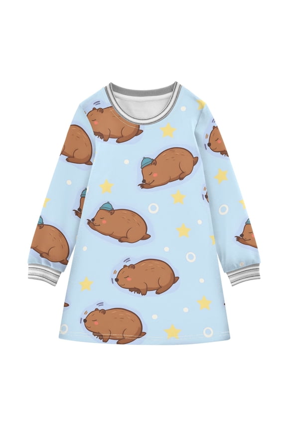Brown Groundhog Pattern Girls'long-sleeved dress Thickened A-dress Warm Dress Basic Shirt Party Dresses