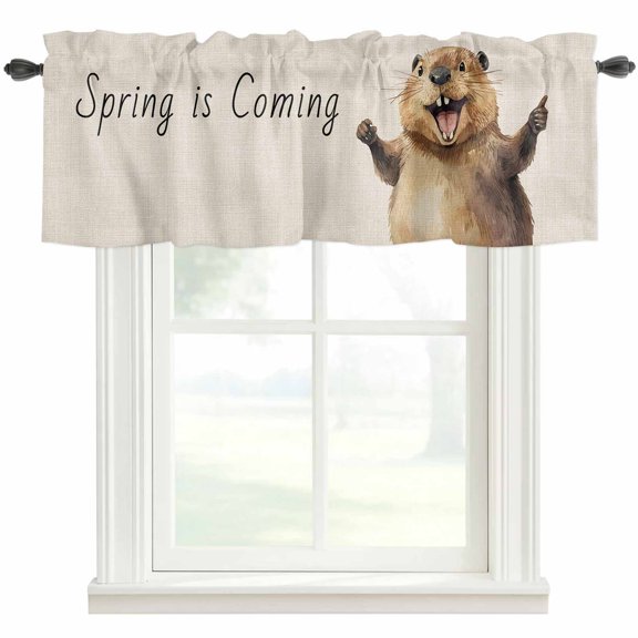 Brown Groundhog Window Valance Curtain Spring Is Coming Rod Pocket Short Curtain for Living Room, Bedroom & Kitchen Window Decor 42x12in