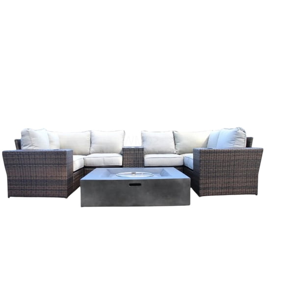 Brown HDPE Wicker Patio Conversation Set with Fire Pit Table & Cushions ...