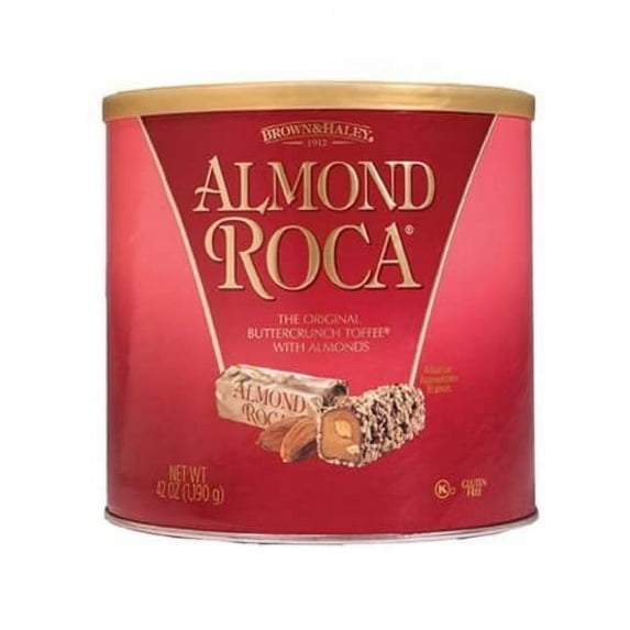 Brown & Haley Almond ROCA Buttercrunch Toffee Almonds Canister - Individually Wrapped Chocolate for Holiday Gift Basket - Gluten Free Kosher Candy, 42oz
