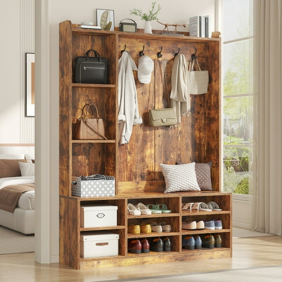 Brown Hall Tree with Storage Bench, 5-in-1 Entryway Bench with Coat Rack, Adjustable Shoe Storage, Hanging Hooks, Shoe Organizer for Entryway, White