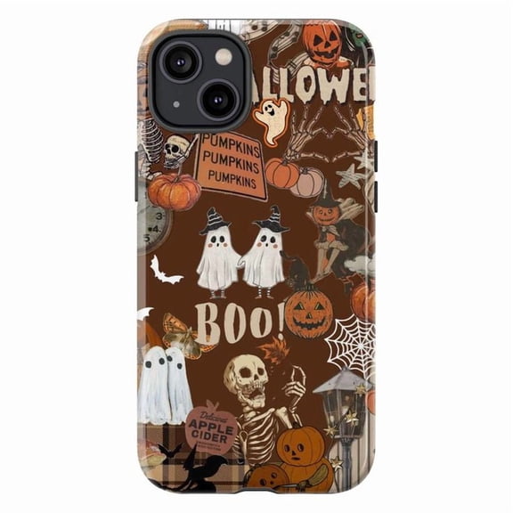 Brown Halloween Collage Phone Case, Vintage Ghost Pumpkin Skeleton Boo Design, Spooky Fall Aesthetic Protective Cover for iPhone 16 15 14 13 12 11 Pro Max Plus Mini