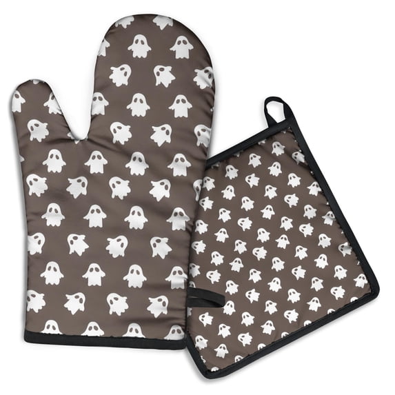 Brown Halloween Ghost Pattern Kitchen Oven Mitt and Pot Holder Sets 2 Pcs for Baking, Cooking and Grilling, Heat Resistant Up To 392 °F