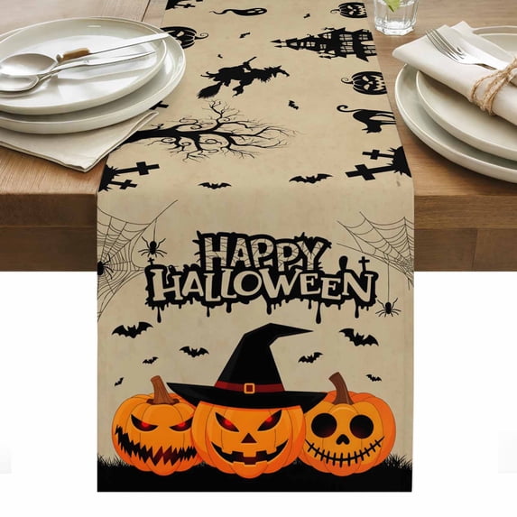 Brown Halloween Table Runner - 36 Inch Long, Kitchen Dining Table Runner Dresser Scarves, Spooky Pumpkins Horror Spi-der Web Farmhouse Decor for Coffee Tables Wedding Party Banquet