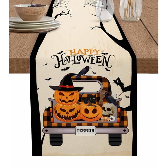 Brown Halloween Table Runner 72 Inches, Horror Pumpkins Skull Truck Spi-der Bed Runner Dresser Scarves Tabletop for Indoor Outdoor Parties/Ceremony/Banquet, 14" x 72"