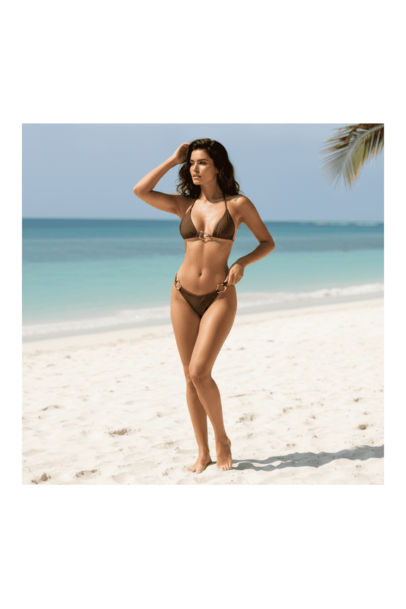 Brown Halter Bikini - Metallic Accent Swimsuit Set - Slimming Two Piece Bathing Suit - Minimalist Solid Color Beachwear - Vacation & Pool