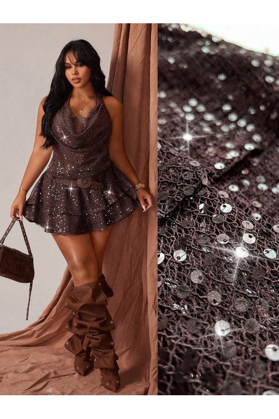 Brown Halter Fishnet Sequin Mini Dress, Y2K Glamorous Sleeveless Plunging Neck Mesh Double Layer Ruffle Hem