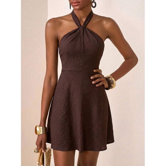 Brown Halter Neck A-Line Mini Dress With Ruffle Hem, Casual Streetwear Style For Women