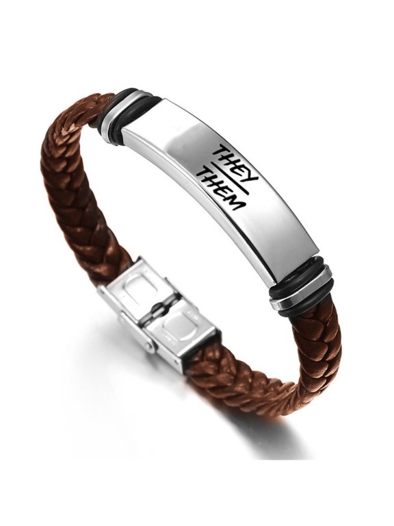 Brown Handmade Leather They Them Pronoun Bracelet Non-Binary Bangle - NB Pride Genderqueer Gender Identity Jewelry, 8.26''