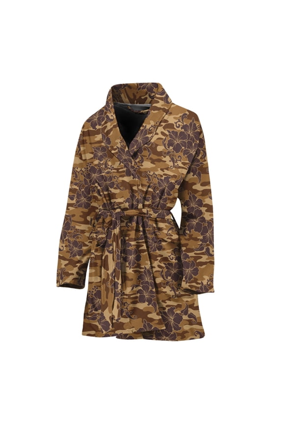 Brown Hawaiian Camo Flower Pattern Women Bathrobe One Size Univeral Fits, Tropical Hawaiian Aloha Floral Fashion Lightweight Plush Fleece Long Robe For Women