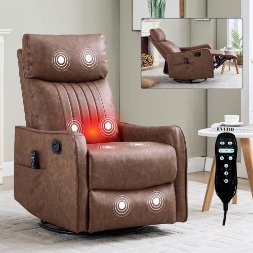 Brown Heat Massage Manual Recliner Chair with Rocker and Swivel for Living Room, American Design Fabric Recliner with Lumbar Heat and Vibration in Brown1