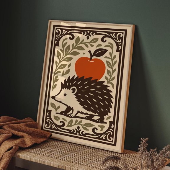 Brown Hedgehog Apple Poster Folk Art Style, Unframed Paper Poster 24x36in