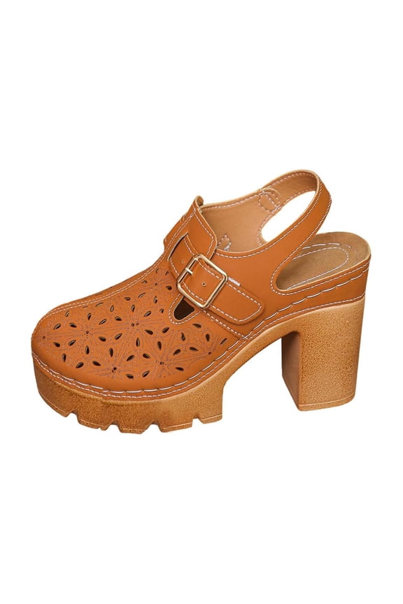 Brown Heels Women Fashionable Casual Elegant Closed Toe High Heel Thick Sole Platform Strap Comfortable For Spring Summer Foot Length 9.65 Inches