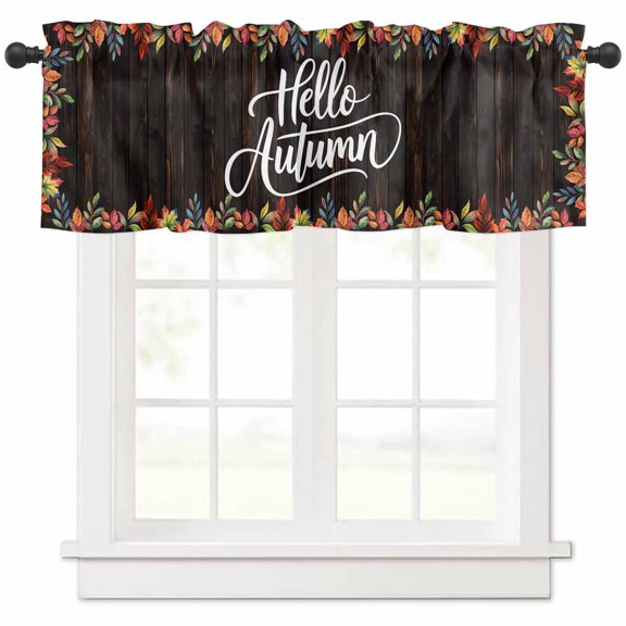 Brown Hello Autumn Valances for Windows Farmhouse Kitchen Curtains Valances Rod Pocket Valance Curtains for Kitchen Windows Maple Leaf Watercolor Wooden Window Valances for Bathroom Bedroom 42"x12"