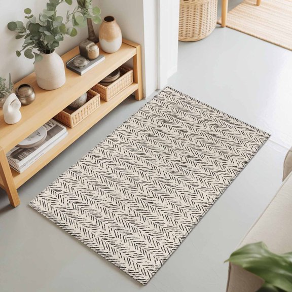 Brown Herringbone Art Rectangle Rug 2'x3' Abstract Geometric Striped on Linen Washable Area Rugs for Living Room Bedroom Entryway Non Slip Entrance Door Mat Indoor Floor Carpet
