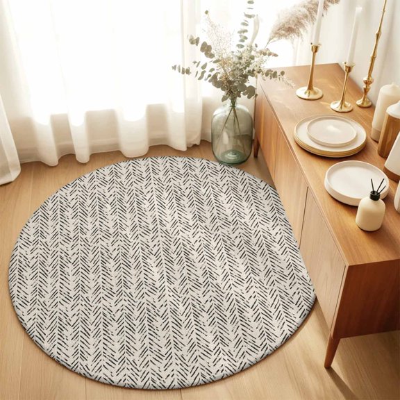 Brown Herringbone Art Round Rug 3ft Abstract Geometric Striped on Linen Washable Area Rugs for Living Room Bedroom Entryway Non Slip Entrance Door Mat Indoor Floor Carpet