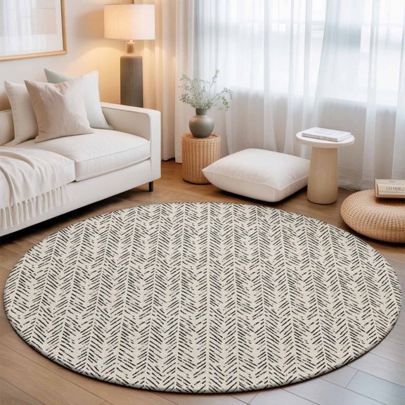 Brown Herringbone Art Round Rug 5ft Abstract Geometric Striped on Linen Washable Area Rugs for Living Room Bedroom Entryway Non Slip Entrance Door Mat Indoor Floor Carpet